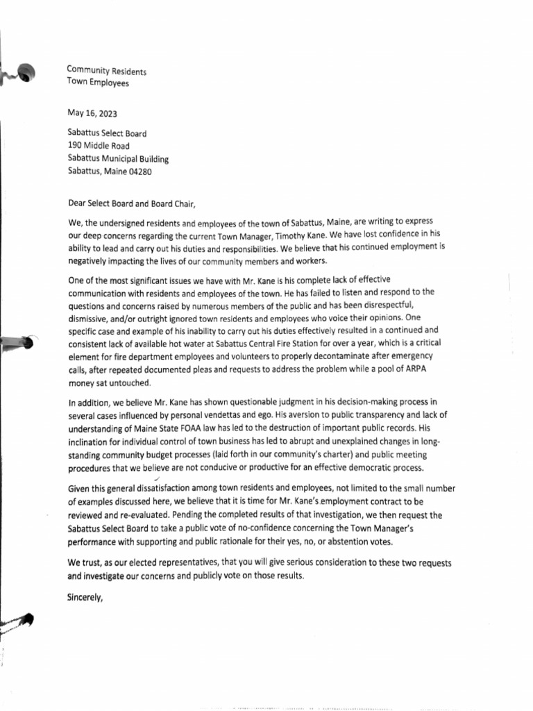 Sabattus No Confidence Letter | PDF
