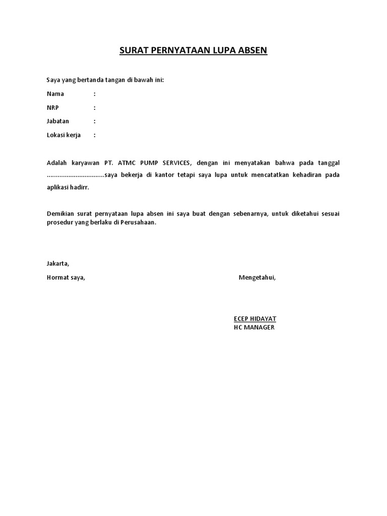 Atmc Surat Pernyataan Lupa Absen | PDF
