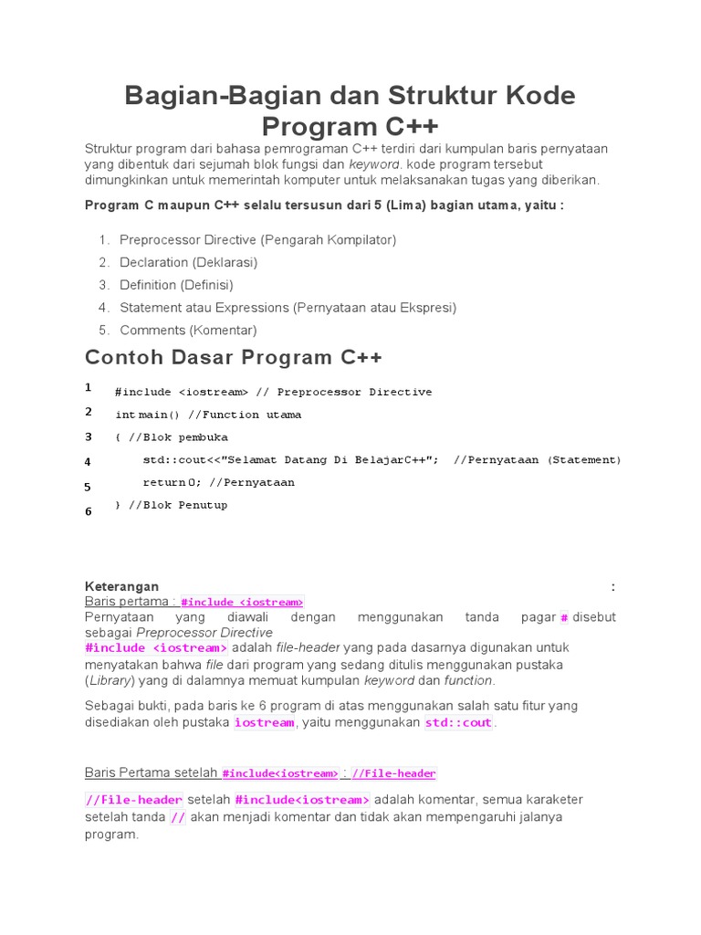 Penjelasan Struktur Bagian Program C++ | PDF