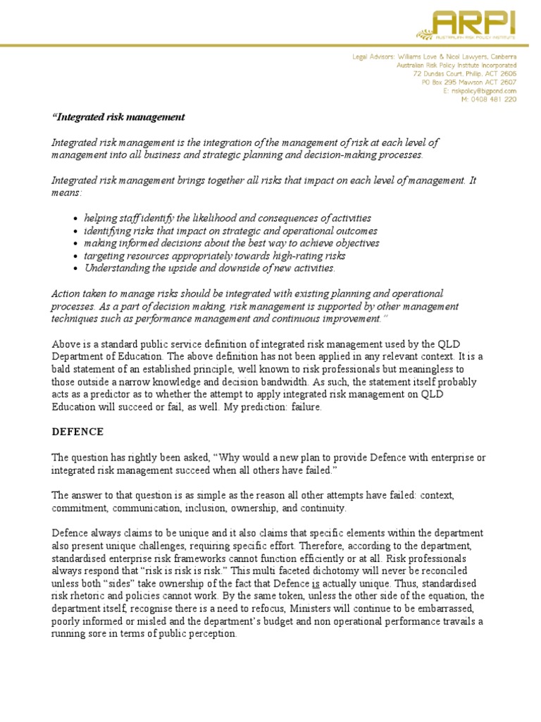 Integrated Risk Management in Defence | PDF | Risk | Risk Management