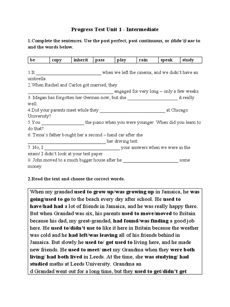 Intermediate Progress Test Unit 1 | PDF