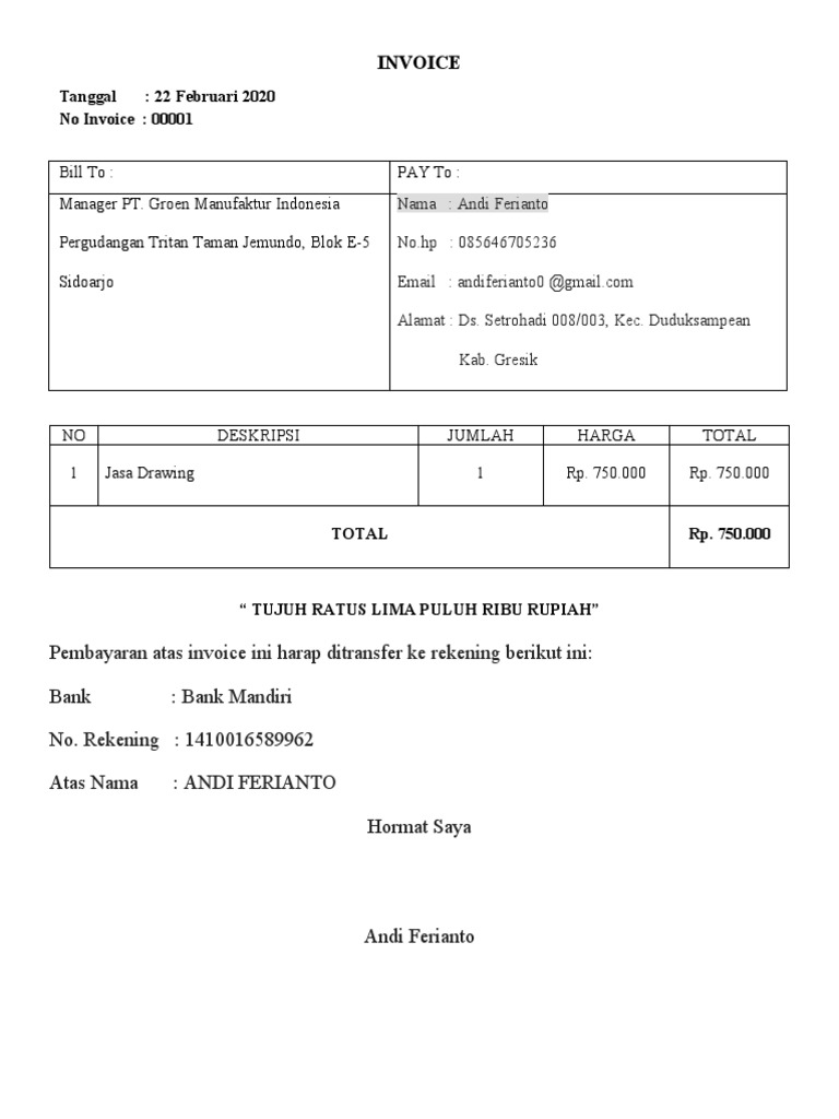 Invoice Jasa Drawing Rp. 750.000 | PDF