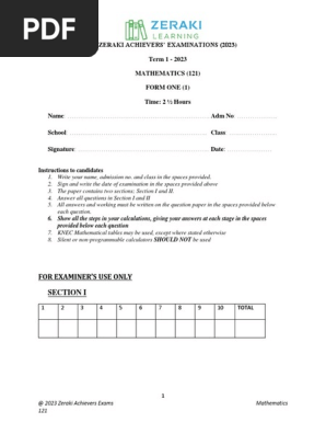Mathematics Form 1 - - Question Paper
