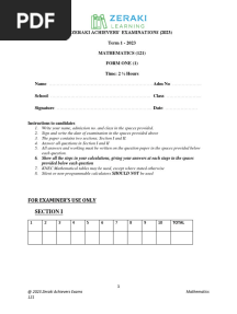 Mathematics Form 1 - Question Paper