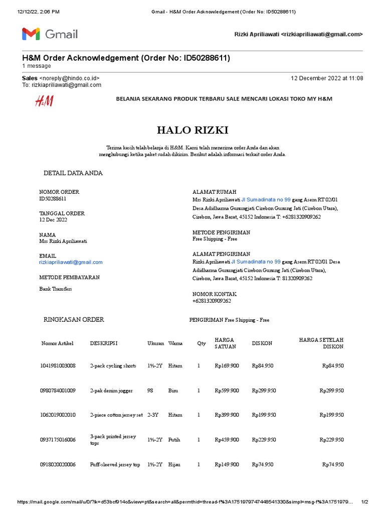 H&M Order Acknowledgement (Order No ID50288611) PDF