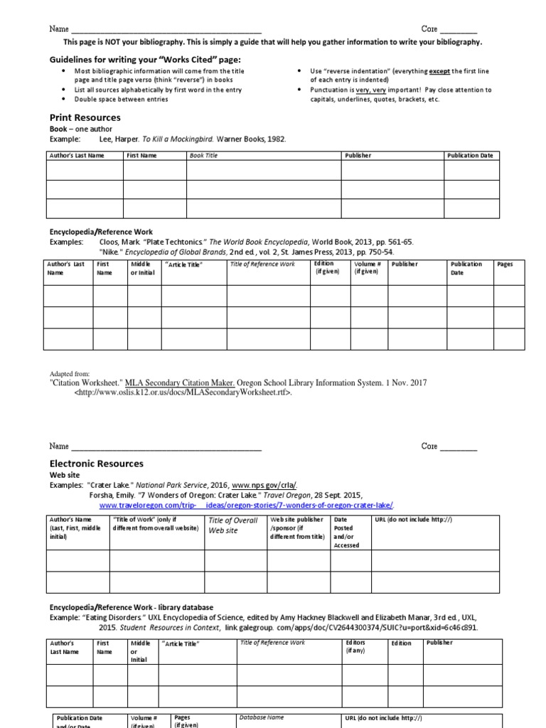 MLA Citation Worksheet | PDF | Citation | Bibliography
