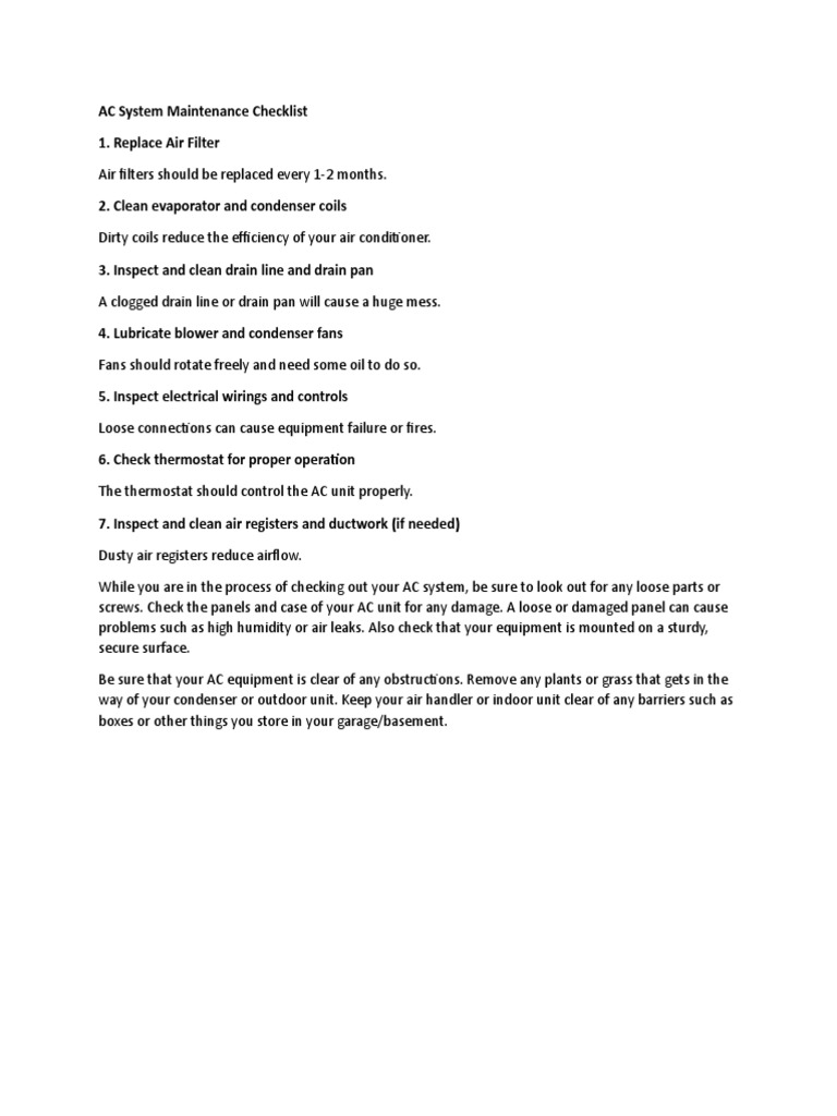 AC System Maintenance Checklist | PDF | Technology & Engineering