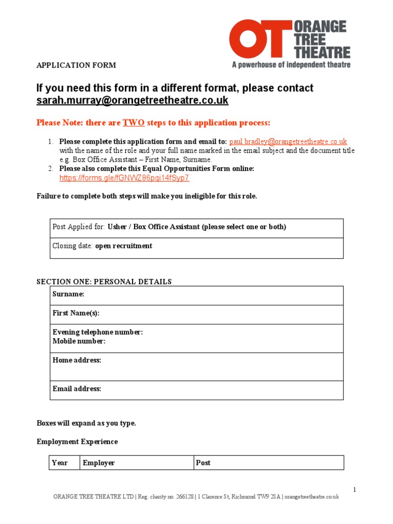Orange Tree Theatre Application Form | PDF | Justice | Crime & Violence