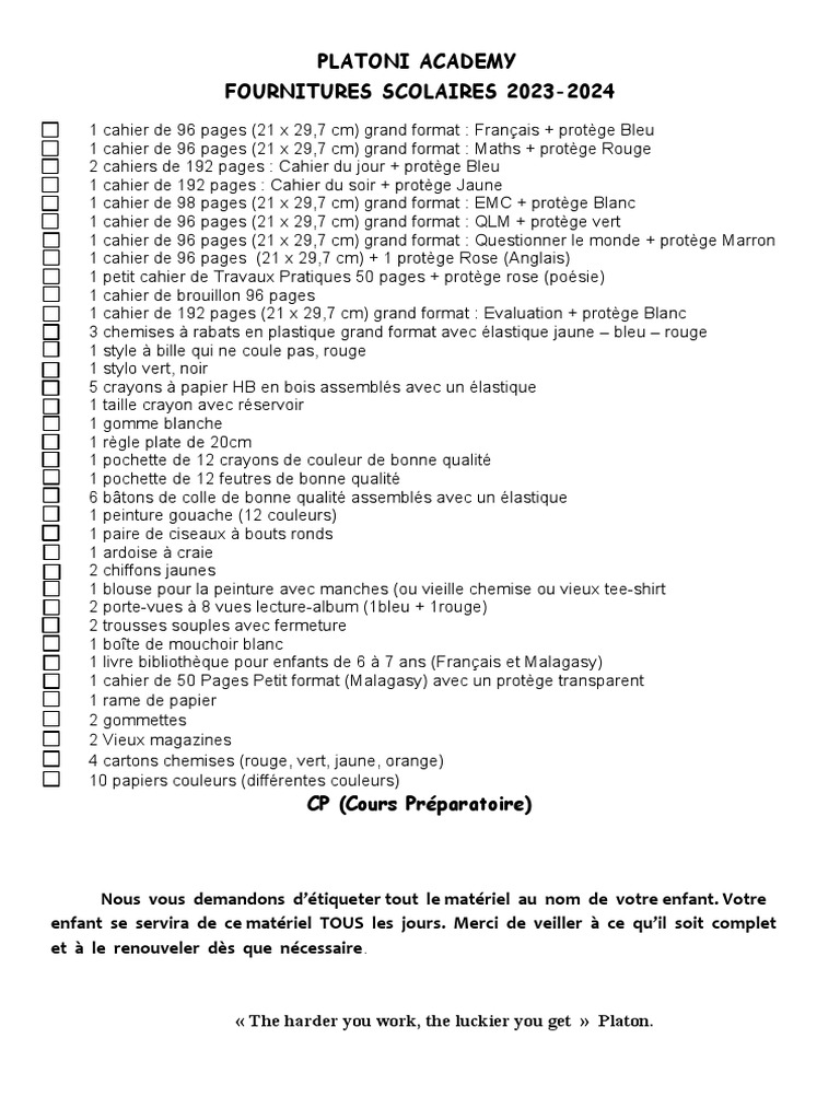 Page De Garde Cp 2023 2024 Fournitures Scolaires 2023 - 2024 CP - Copie | PDF