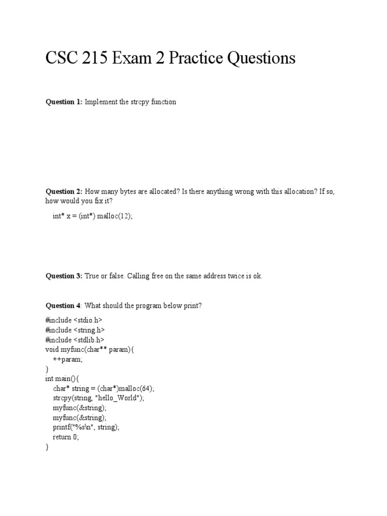 CSC 215 Exam 2 Practice Questions PDF CSC 215 Exam 2 Practice Questions PDF