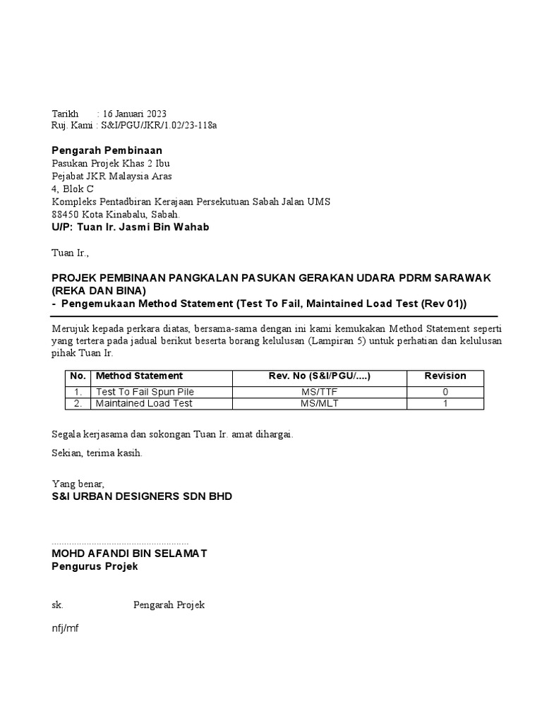 (230106 - Outgoing JKR) Method Statement TTF and MLT Rev 01 | PDF