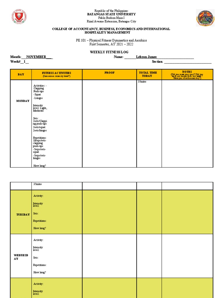Weekly Fitness Log Template | PDF