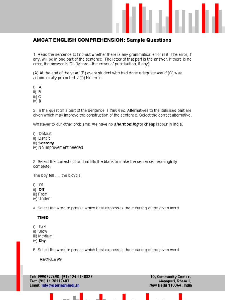 Amcat English Comprehension: Sample Questions: Timid | PDF | Menu ...