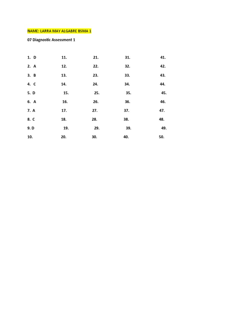 Diagnostic Assessment Results for BSMA 1 | PDF