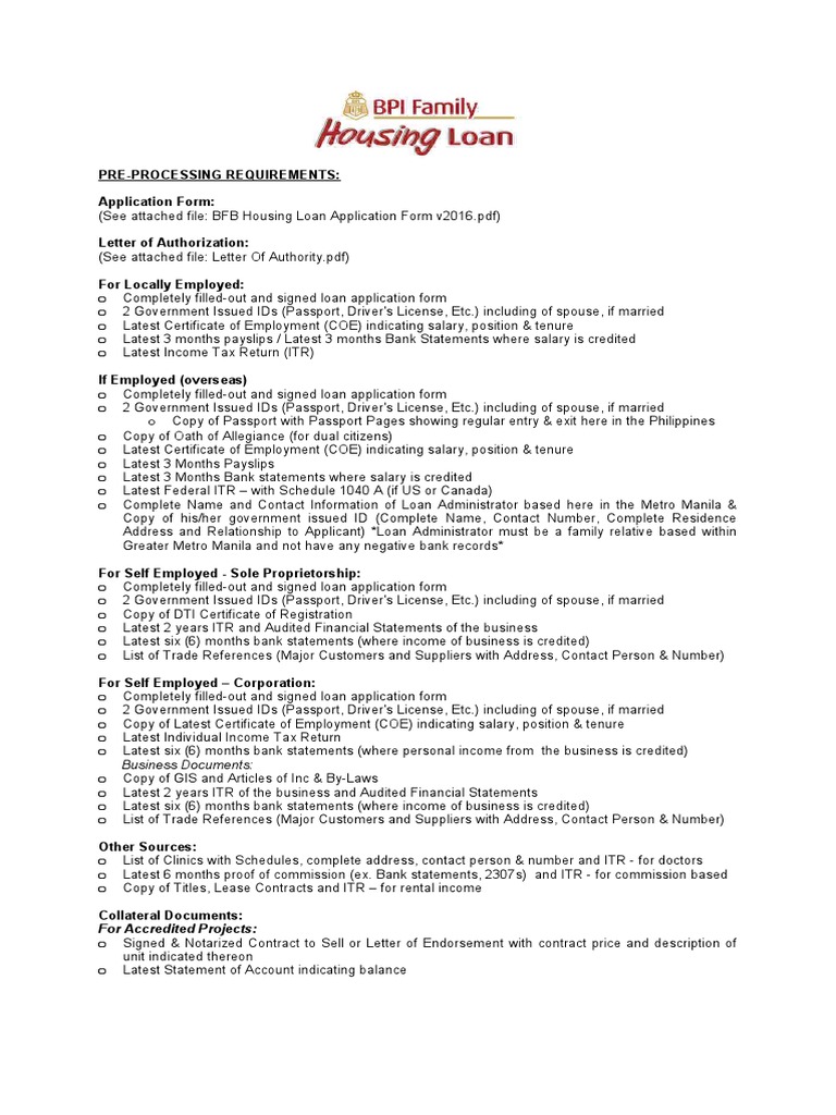 BPI Family Housing Loans Requirements & Process PDF Identity