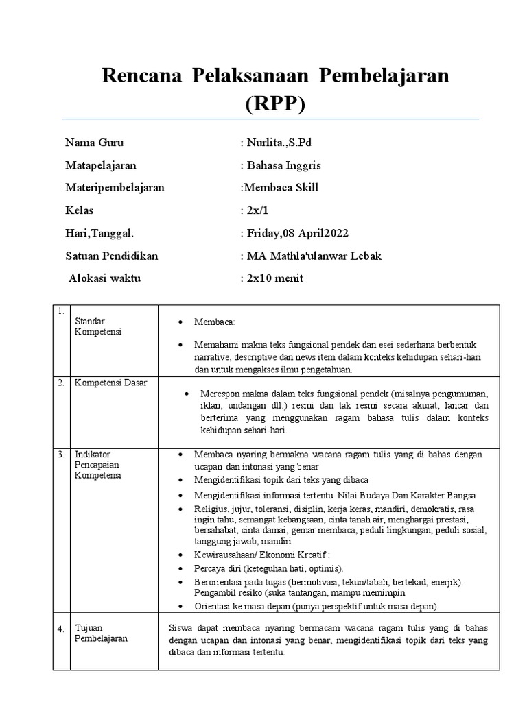 RPP Membaca Bahasa Inggris Kelas 2 | PDF