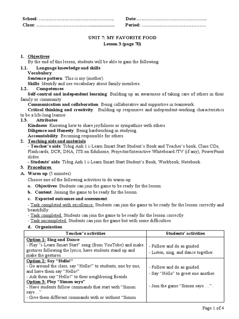 Unit 7 Lesson Plan: My Favorite Food | PDF | Teachers | Vocabulary