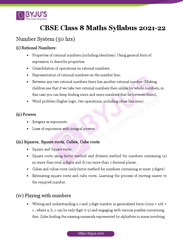 CBSE Class 8 Maths Syllabus 2021 22 PDF