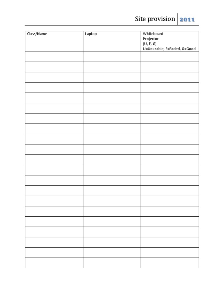 Site Provision: Class/Name Laptop Whiteboard Projector (U, F, G) U ...