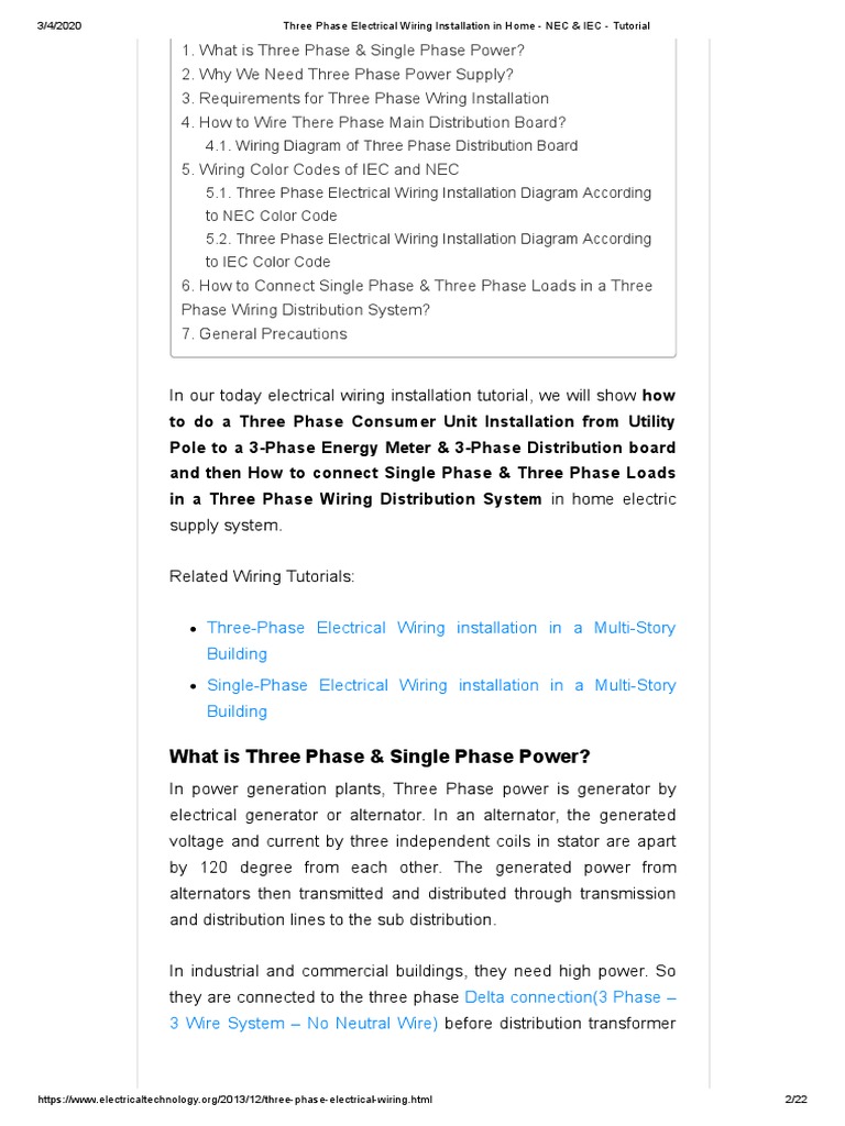 Three Phase Electrical Wiring Installation in Home - NEC & IEC