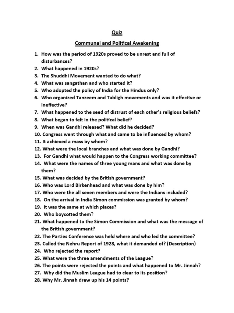 Communal and Political Awakening Quiz!! | PDF