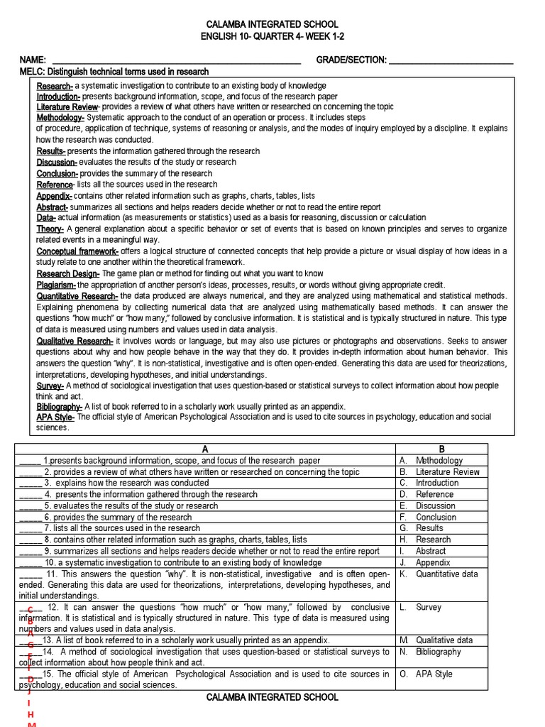 English 10 Research Terms and Definitions | PDF | Methodology | Statistics