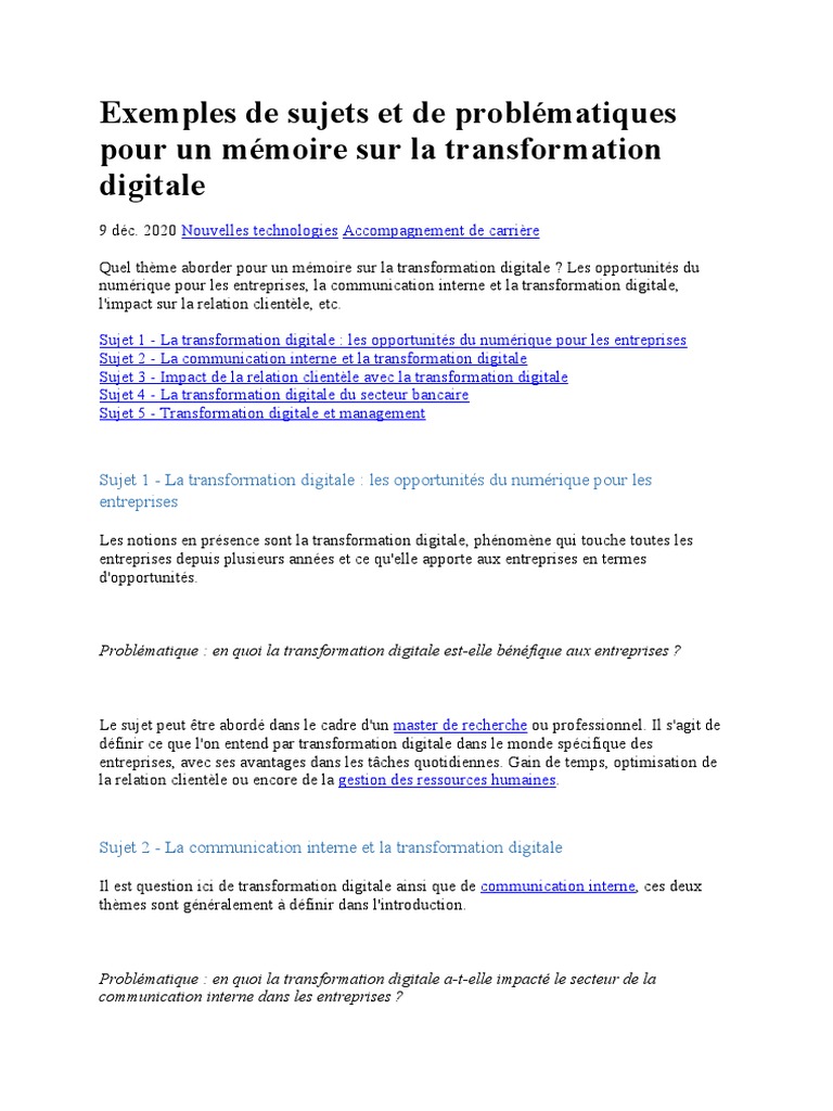 Sujets de mémoire sur la transformation digitale | PDF | Banques | la ...