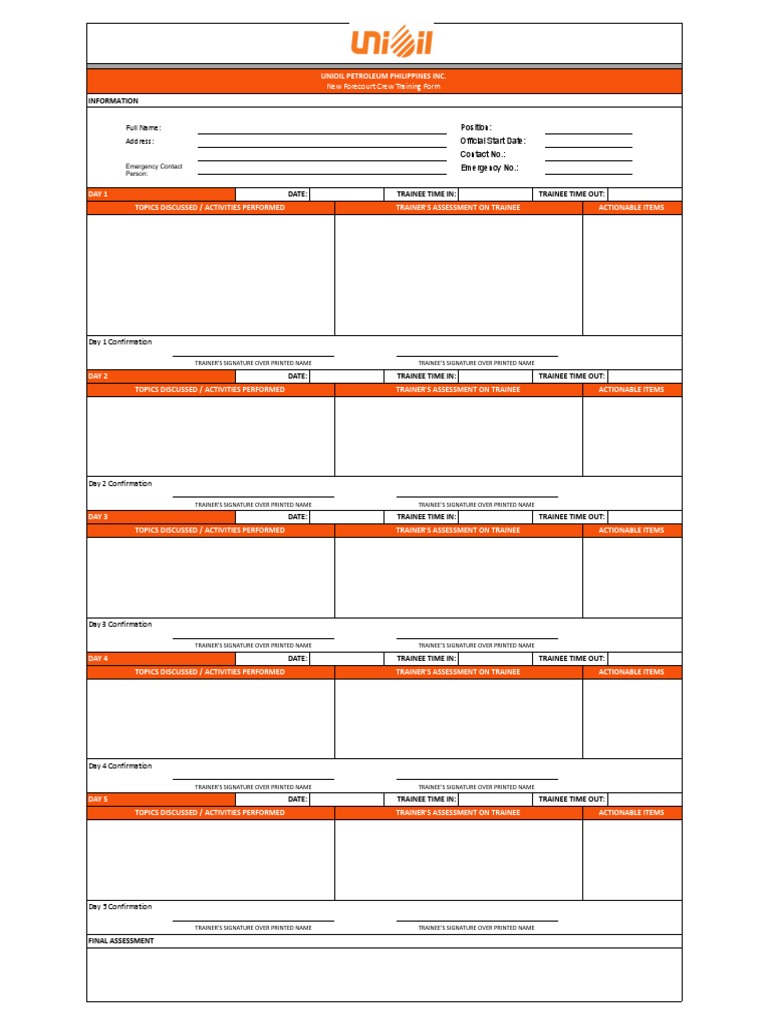 UNIOIL Forecourt Crew Training Form | PDF | Career & Growth
