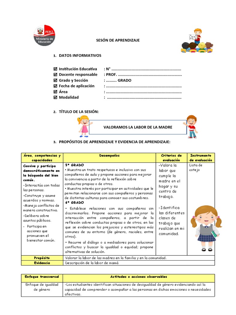 2.martes A - Sesion - Valoramos La Labor de La Madre | PDF | Evaluación |  Aprendizaje, image size:768x1024