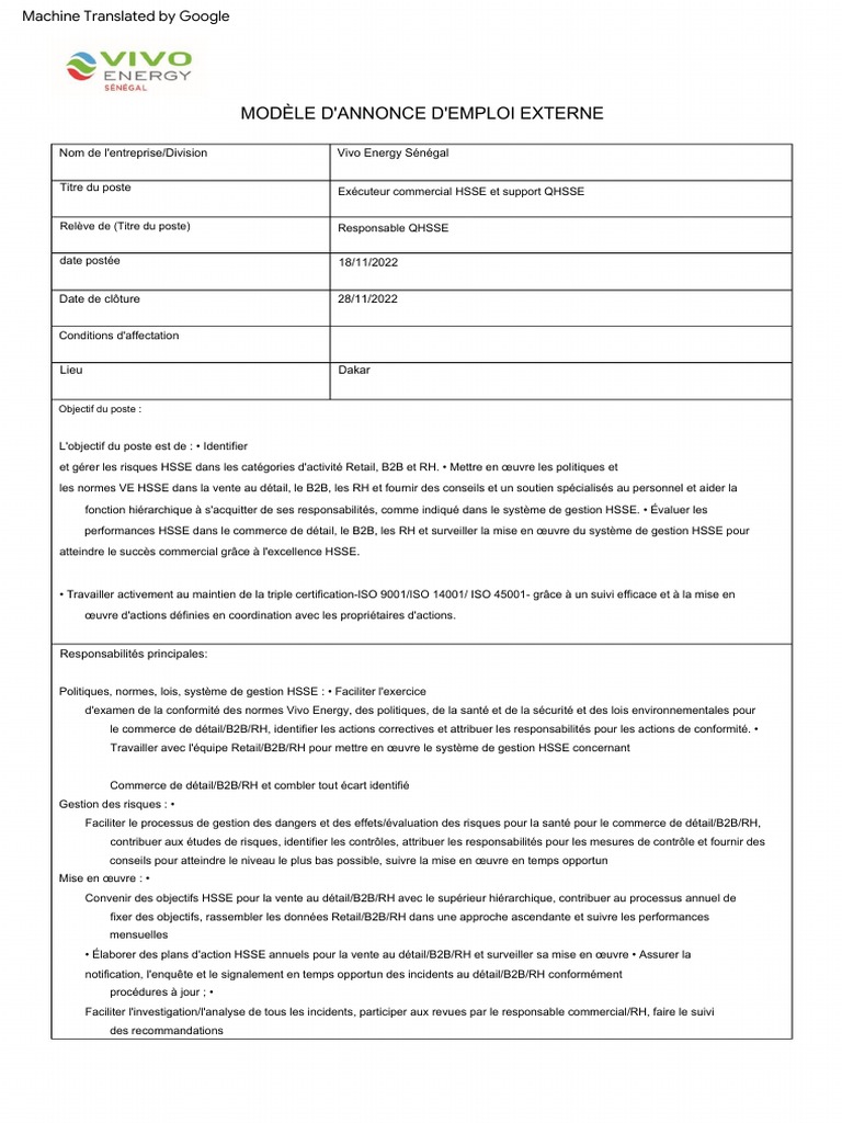 Offre d'emploi : Responsable QHSSE Sénégal | PDF | Finance & Money ...