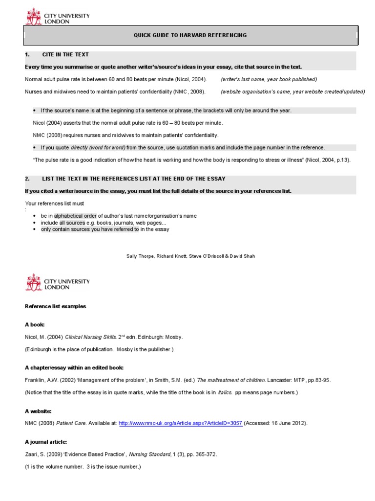 Quick Guide To Harvard Referencing PDF Nursing Communication