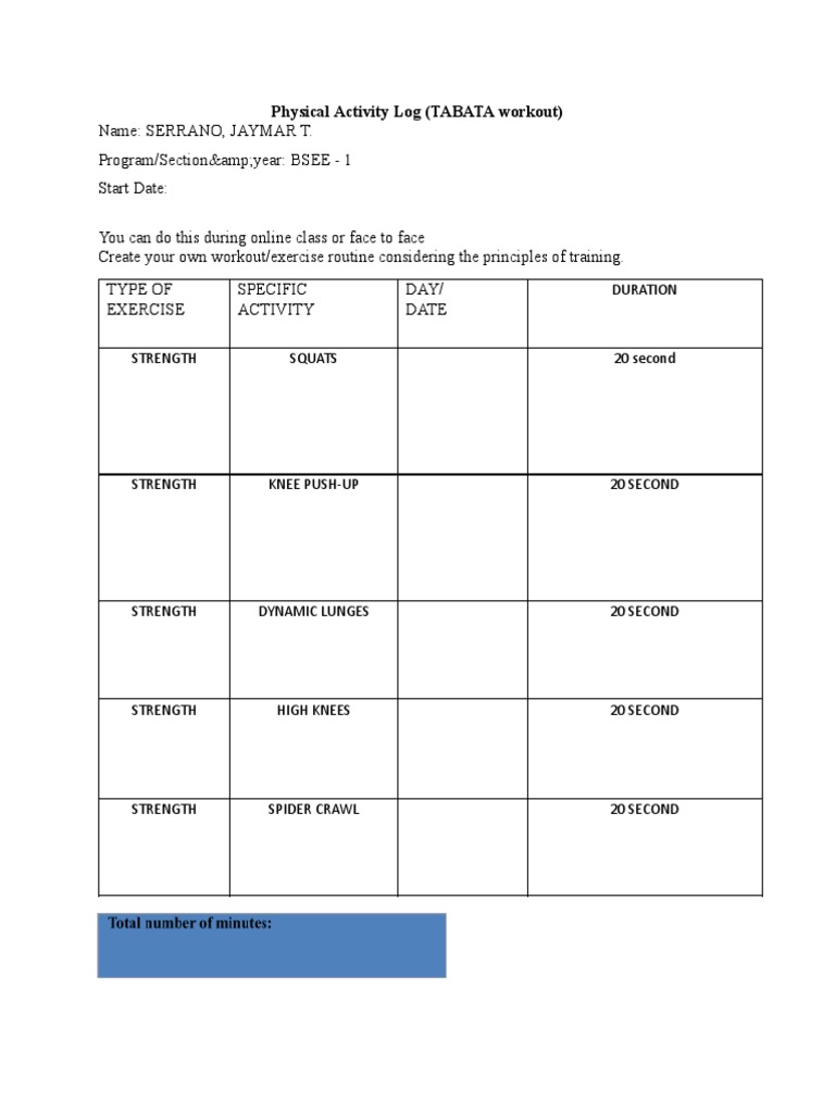Physical Activity Log. 1 PDF