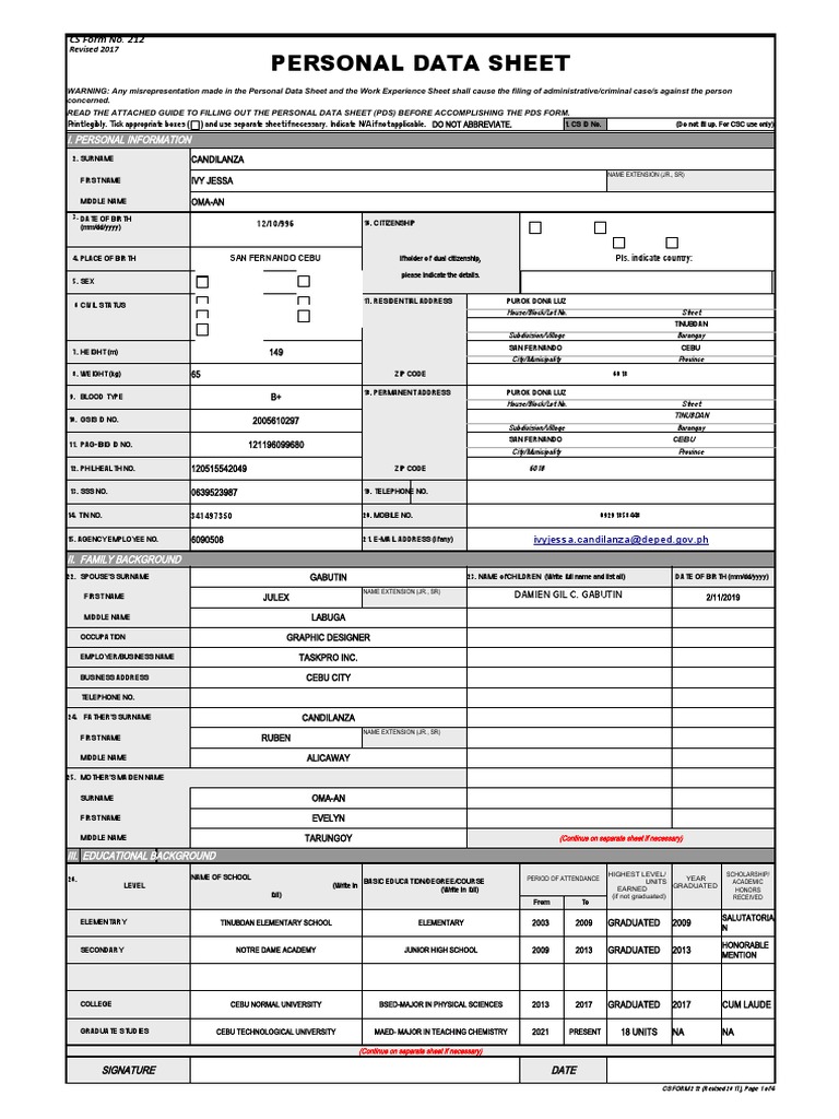 CS Form No. 212 Personal Data Sheet Revised PDF