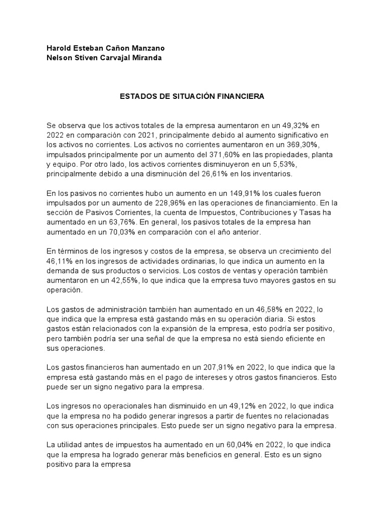 Análisis Estados de Situación Financiera | PDF | Finanzas y dinero
