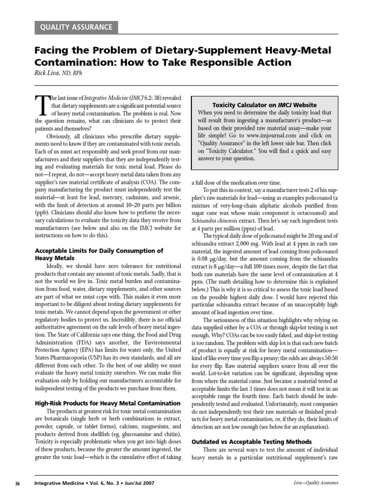 Taking Responsible Action A Guide to Evaluating and Calculating Heavy Metal Toxicity in Dietary