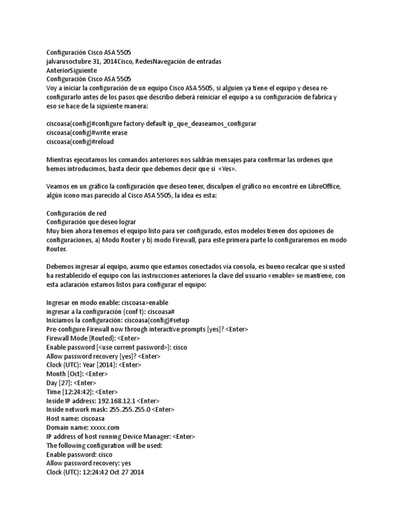 Configuración de Cisco ASA 5505 | PDF | Dirección IP | Ciencias de la ...