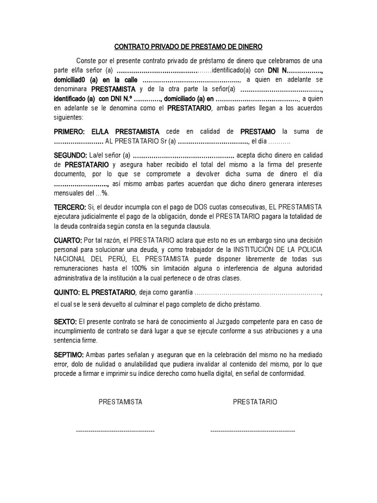 Contrato Privado de Prestamo de Dinero PNP Sin Garantia | PDF