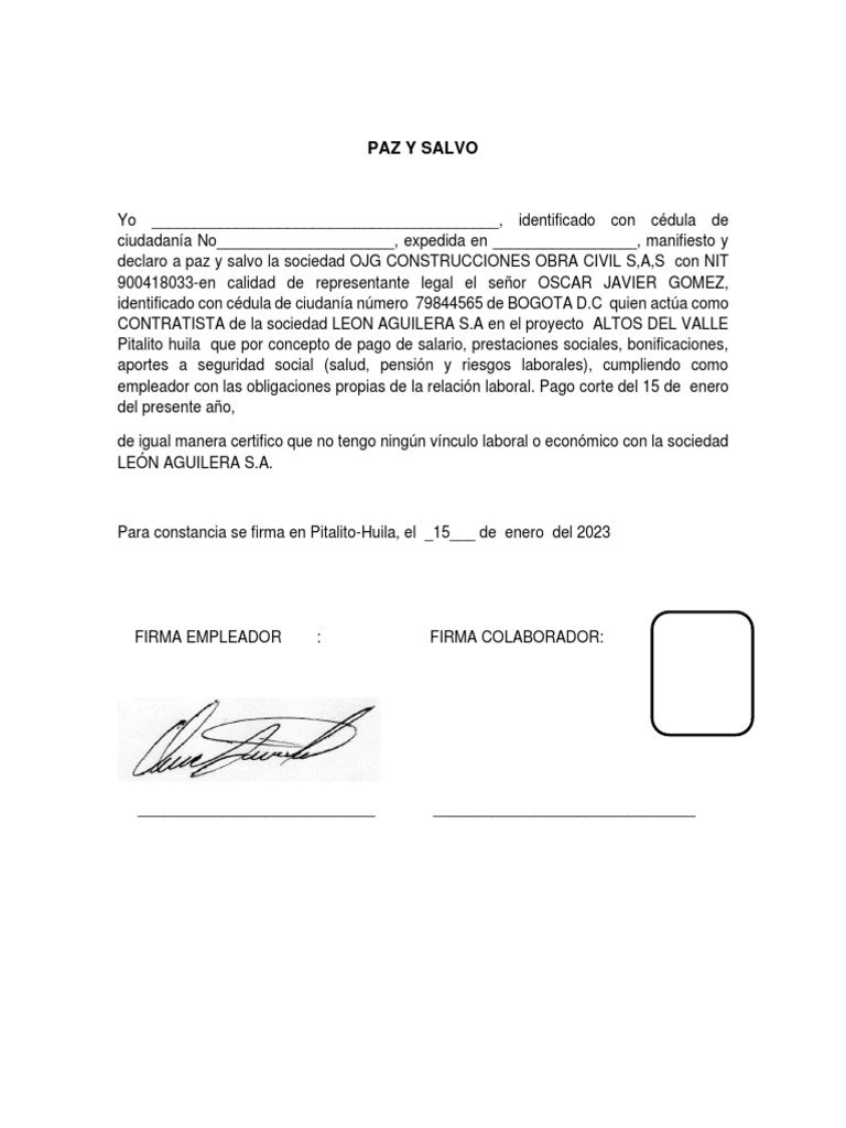 Certificación de Paz y Salvo Laboral | PDF