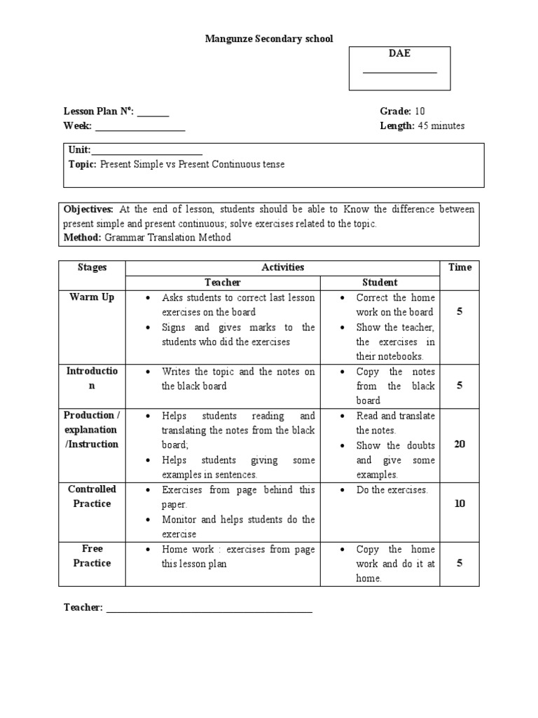 Present Simple vs Continuous Lesson Plan | PDF | Lesson Plan ...
