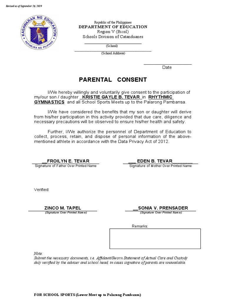 Parental Consent for School Sports Participation | PDF