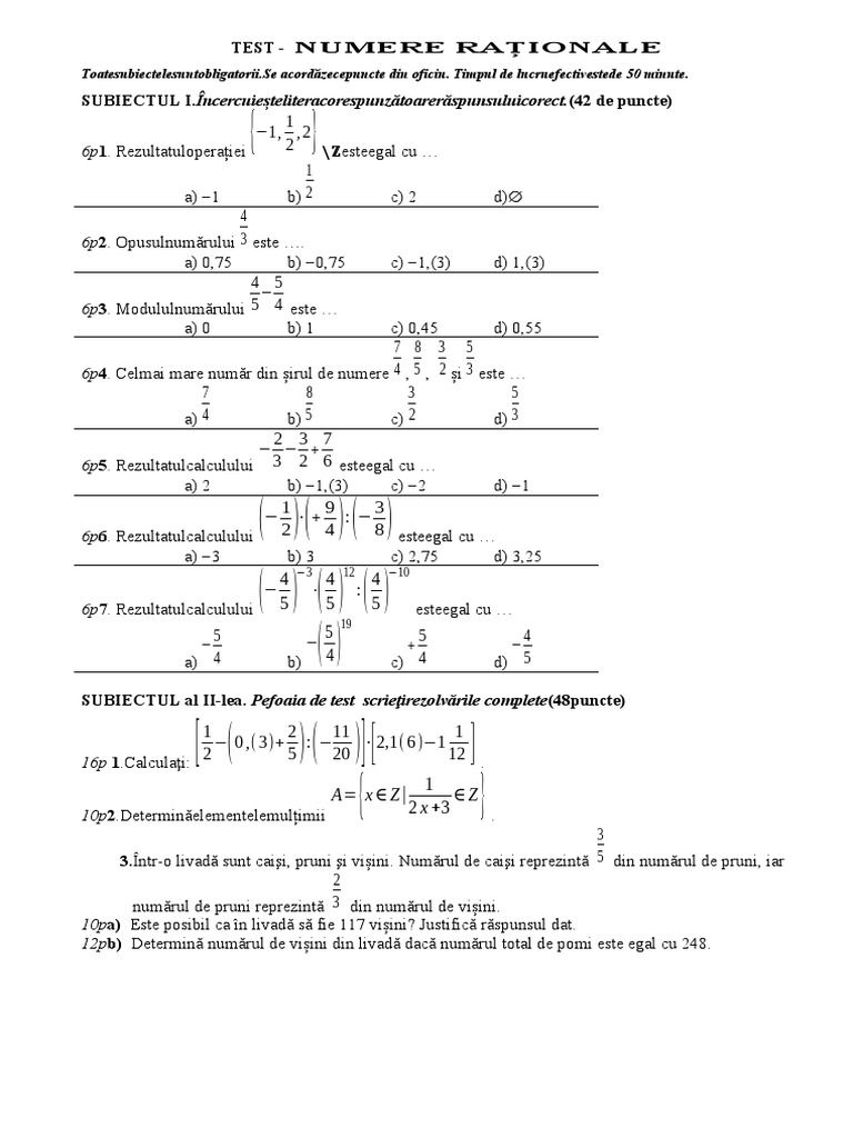 Test Numere Rationale 20222023 | PDF