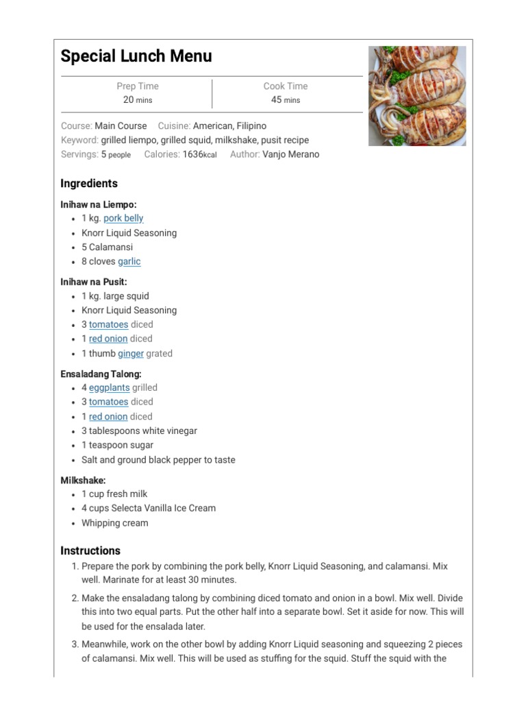 Special Filipino Lunch Menu | PDF