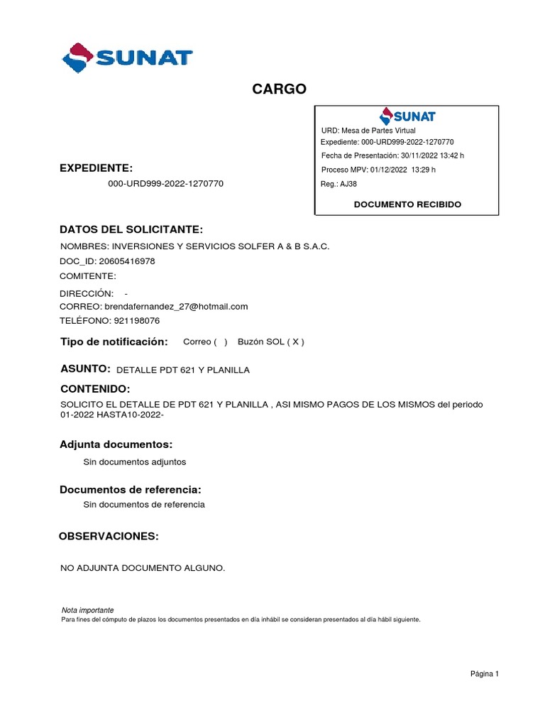 Solicitud de Detalle PDT 621 y Planilla | PDF | Negocios | Finanzas y ...