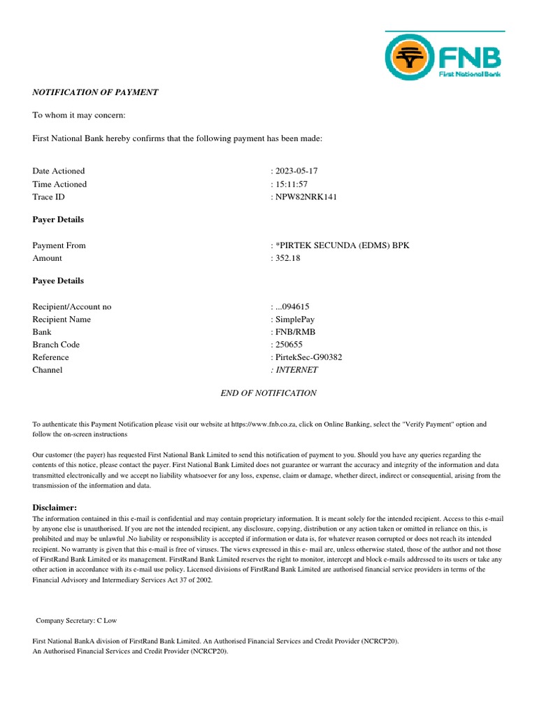 FNB Payment Notification Confirmation | PDF
