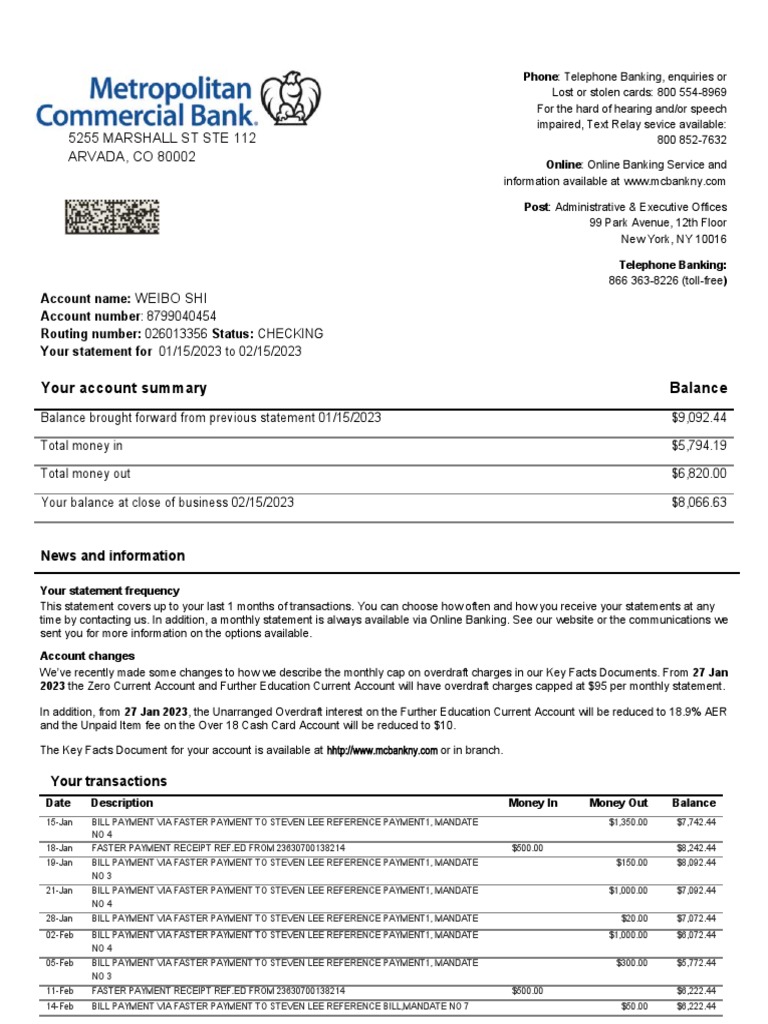Metropolitan Commercial Bank Statement PDF Transaction Account
