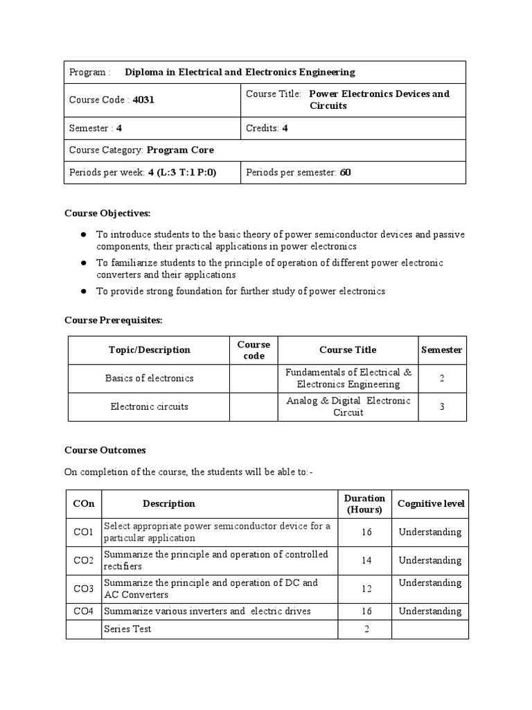 4031Power Electronics Devices and Circuits Syllabus PDF
