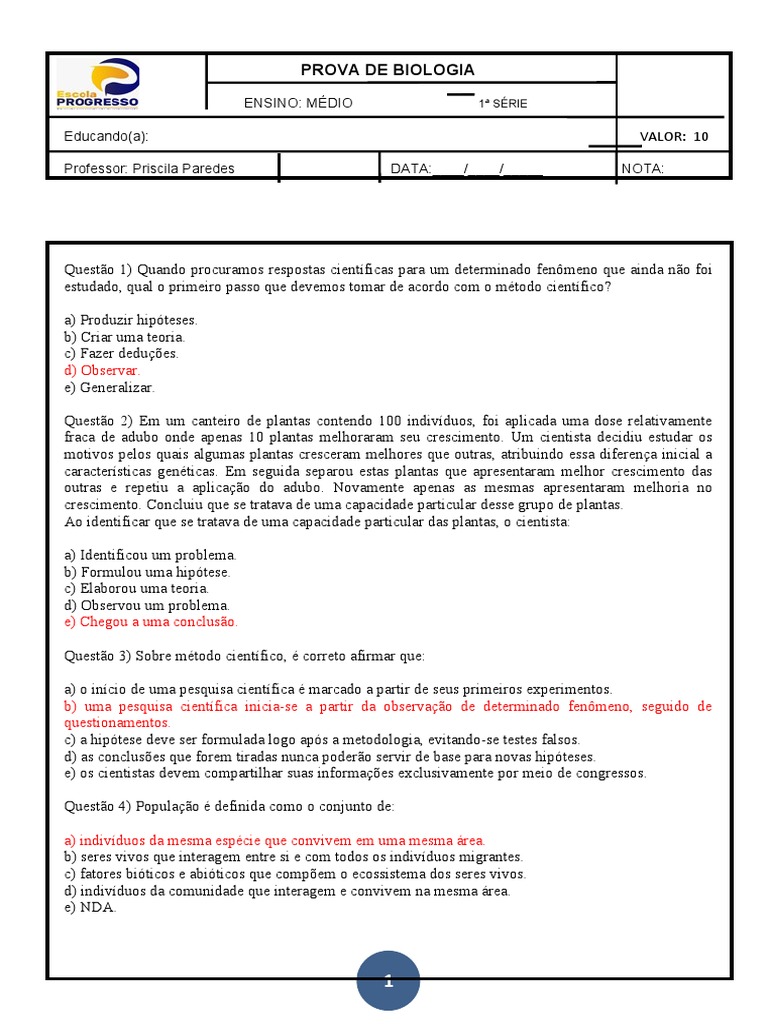 Prova de Biologia - 1º Ano Ensino Médio | PDF | Vida | Abiogênese