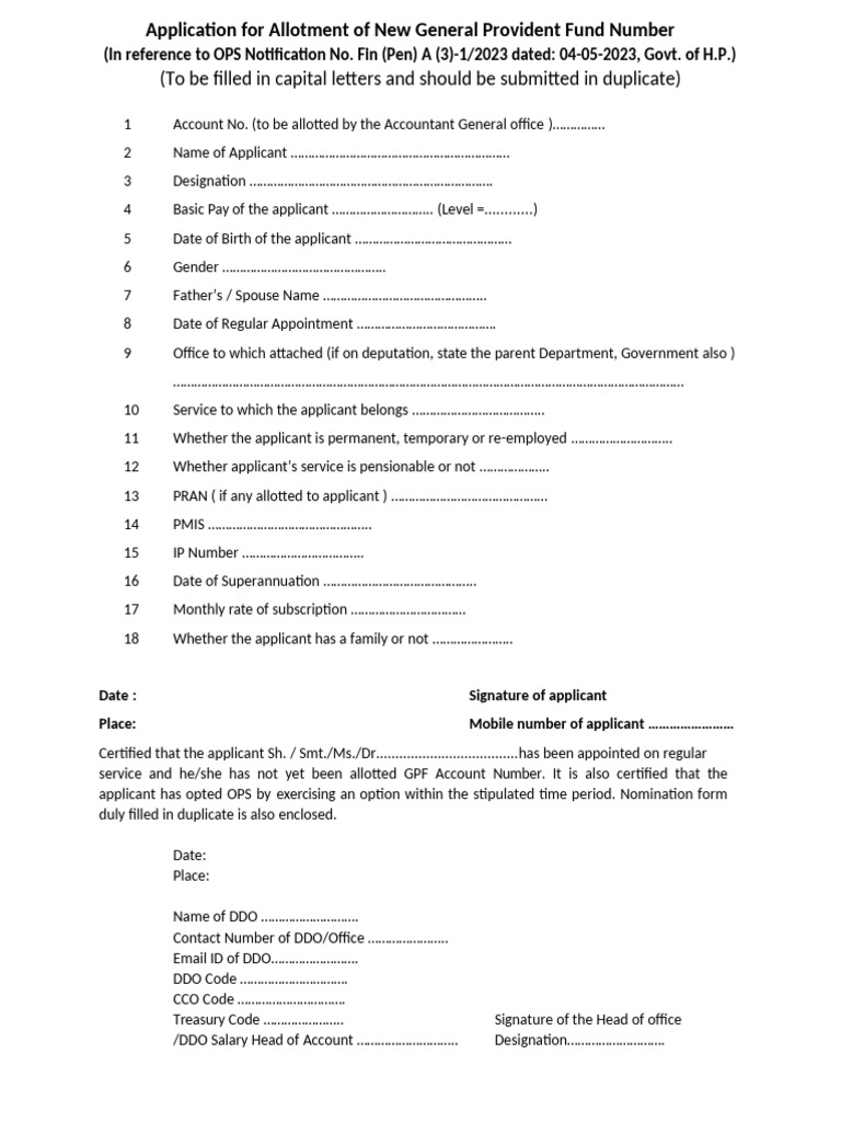 GPF Number Allotment Application Form | PDF | Government