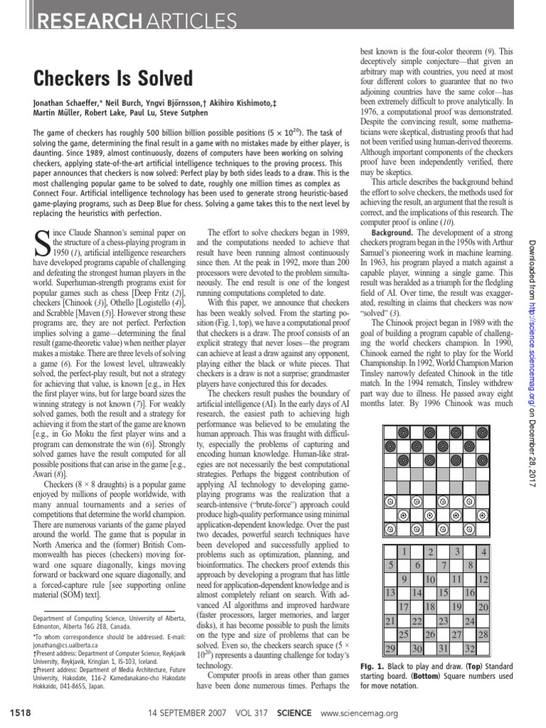 Checkers Is Solved PDF Artificial Intelligence Intelligence (AI