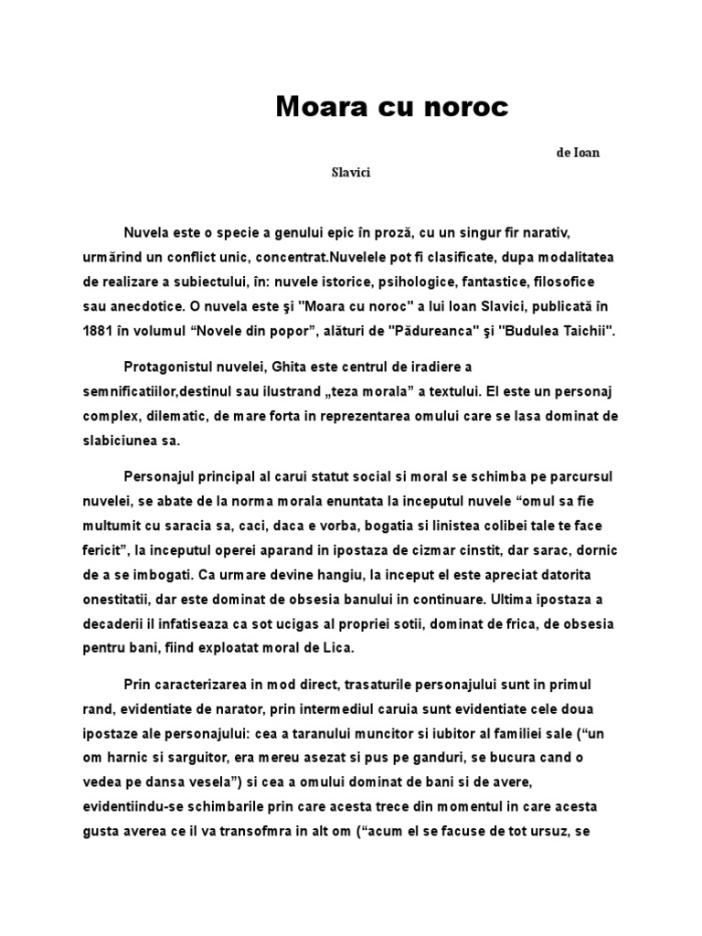 Relatia Incipit Final Moara Cu Noroc Eseu Moara Cu Noroc | PDF